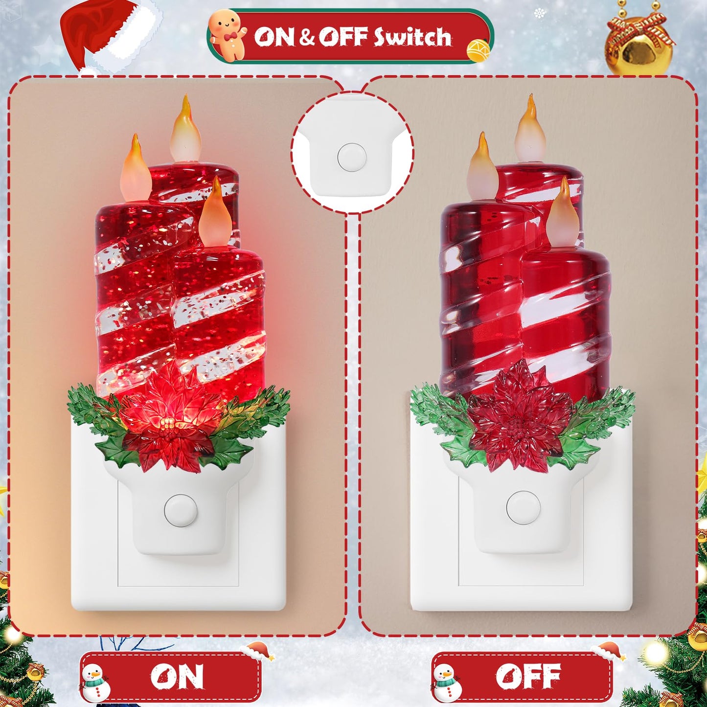 Christmas Candle Night Light Plug into Wall Glitter Water Nightlight with USB/Outlet Options, Christmas Decorative Nightlight for Bedroom Kitchen Nursery Hallway Holiday Decorations Gifts (Red Candle)