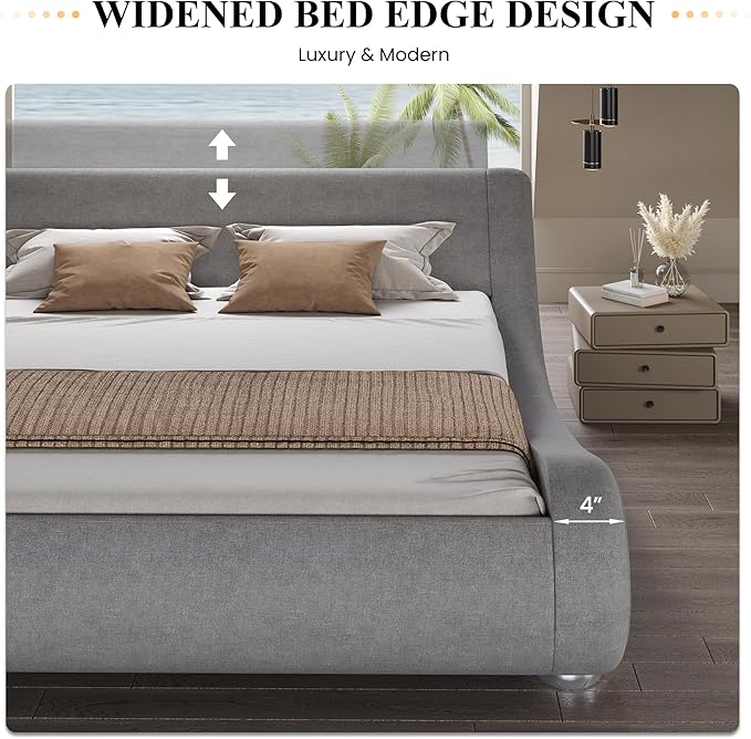 SHA CERLIN King Size Upholstered Bed Frame, Deluxe Low Profile Sleigh Bed