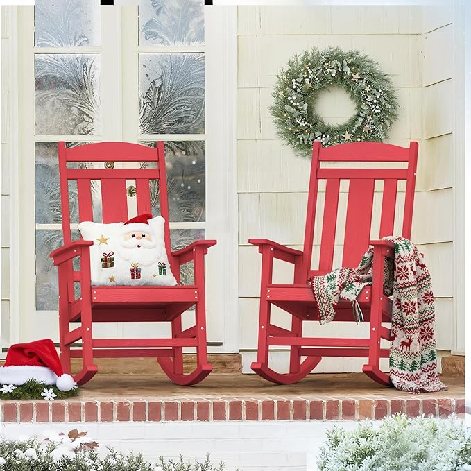 LUE BONA Outdoor Rocking Chairs Set of 2, HDPS Porch Rocker with High Back, Plastic Weather Resistant Rocking Chairs for Outdoor Indoor, Garden, Backyard, 350lb, Bright Red