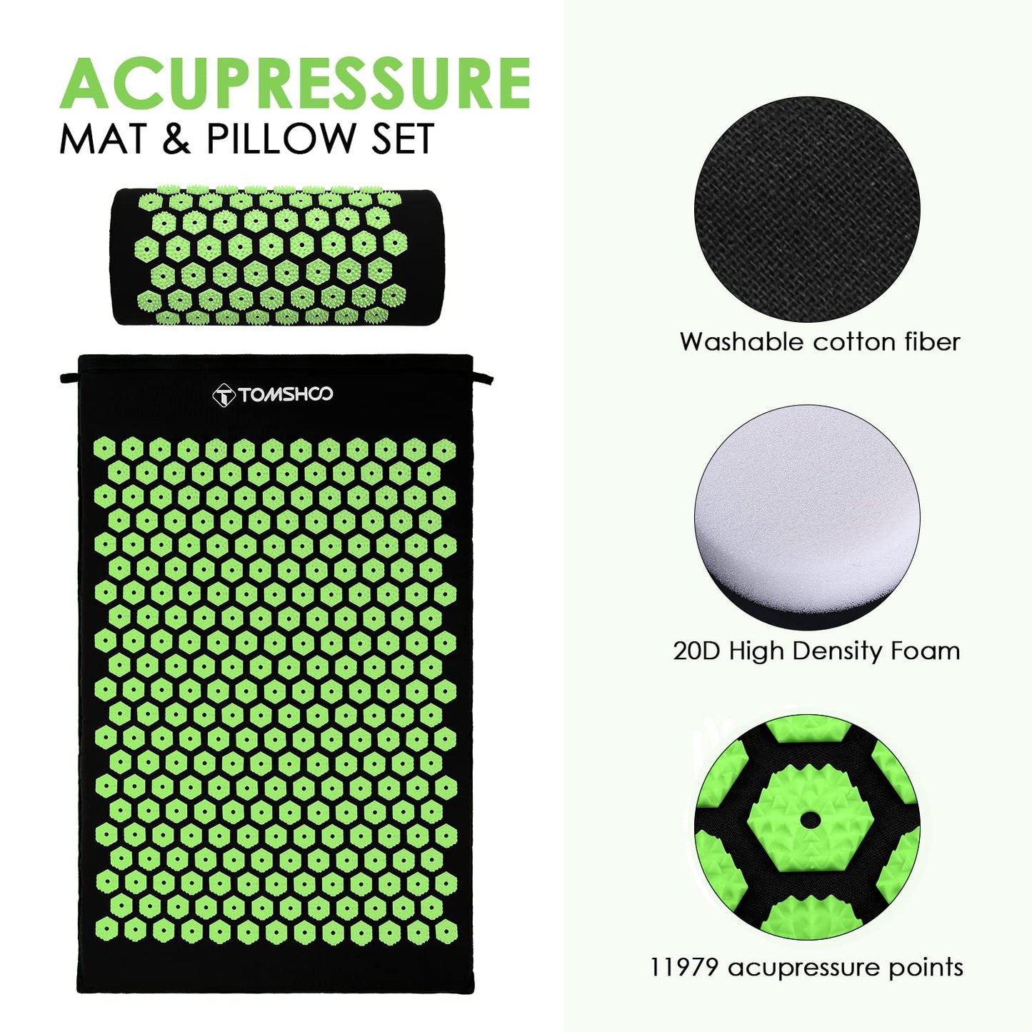 TOMSHOO Acupressure Set, Acupressure Mat and Pillow with 2pcs Massage Balls- Pain Relief Therapy Muscle Back Neck with Travel Bag for Men and Women