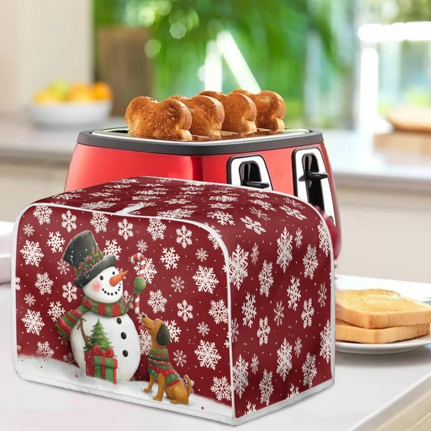ASQVTIFE Christmas Snowman 4 Slice Toaster Cover Christmas Kitchen Decor Cute Dog Toaster Covers 4 Slice Wide Slot Toaster Oven Covers for Kitchen Counter Foldable Accessories
