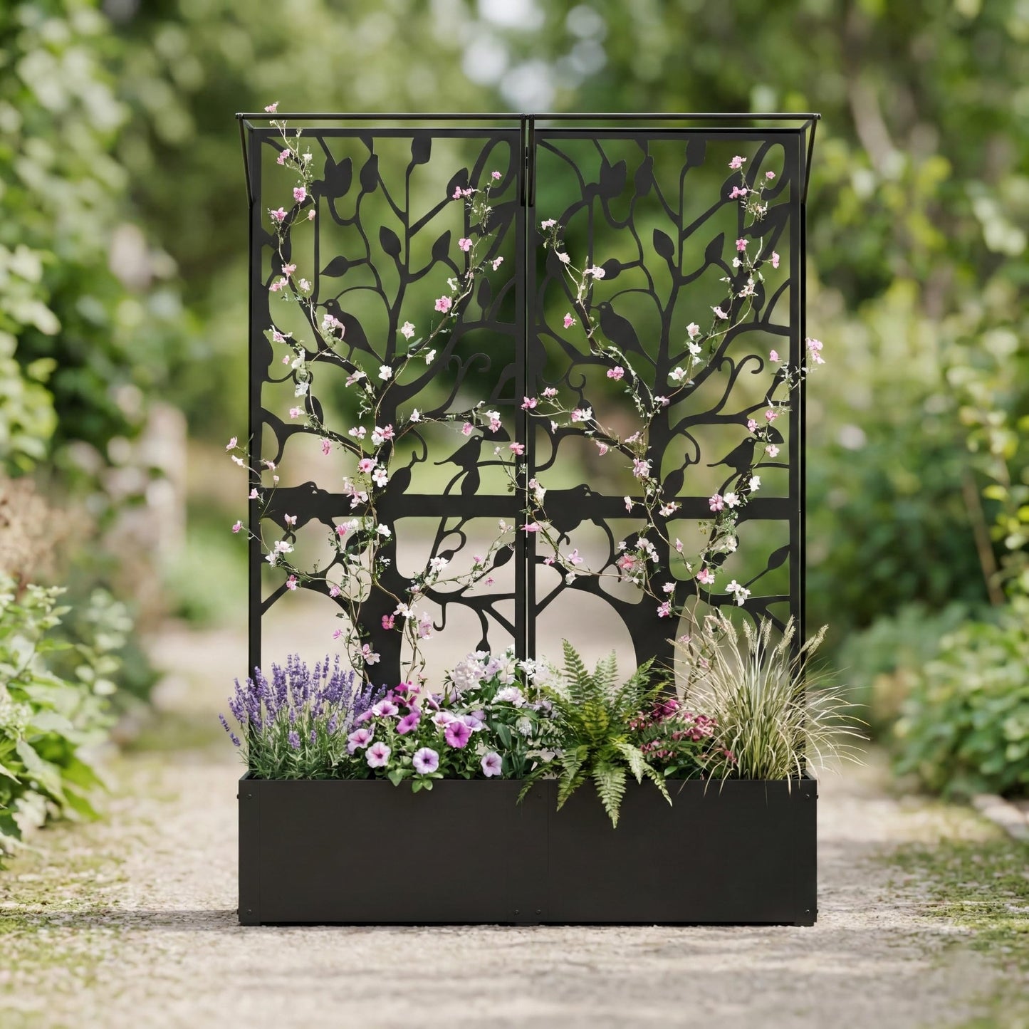 Furtivusia Metal Planter Box with Trellis, Tall Raised Garden Bed for Patio, Outdoor Privacy Planters for Climbing Plants, Vegetables, Fruits, Balcony, Outside, 62.4 x 12.2 x 44.6 Inch, Black