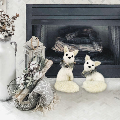 naturevibe 11.6 Inches Sisal Arctic Fox Figurine with Silver Garland Set of 2, Realistic Woodland Christmas Decor Animals as Winter Wonderland Decorations,Christmas Centerpiece or Fireplace Decor