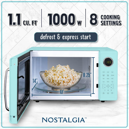Nostalgia Retro Microwave Oven - 0.7 Cu Ft, 700-Watt Countertop Size with Glass Turntable, Child Safety Lock, 8 Auto-Cook Programs, Digital Clock - Aqua