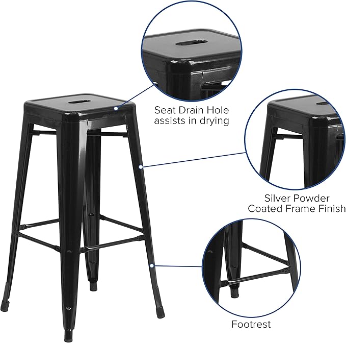 Flash Furniture 30"H Commercial Modern Metal Backless Barstool, Indoor/Outdoor
