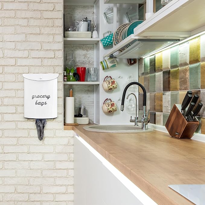 AuldHome Design Rustic Grocery Bag Holder; Wall-Mounted Vintage Enamelware