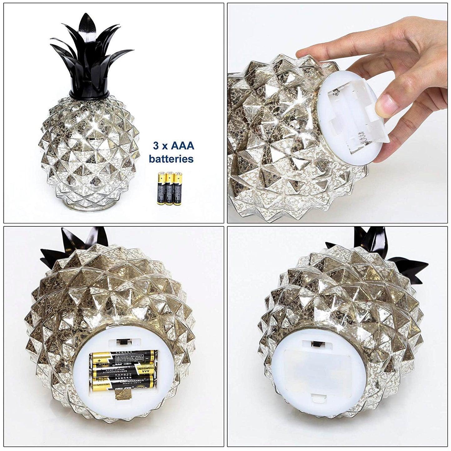 Romingo Mercury Glass Pineapple Lamp 9 Inch Batteries Operated Night Light with Timer for Living Bed Room, Women's Gift for Wife Girl Friend Silver