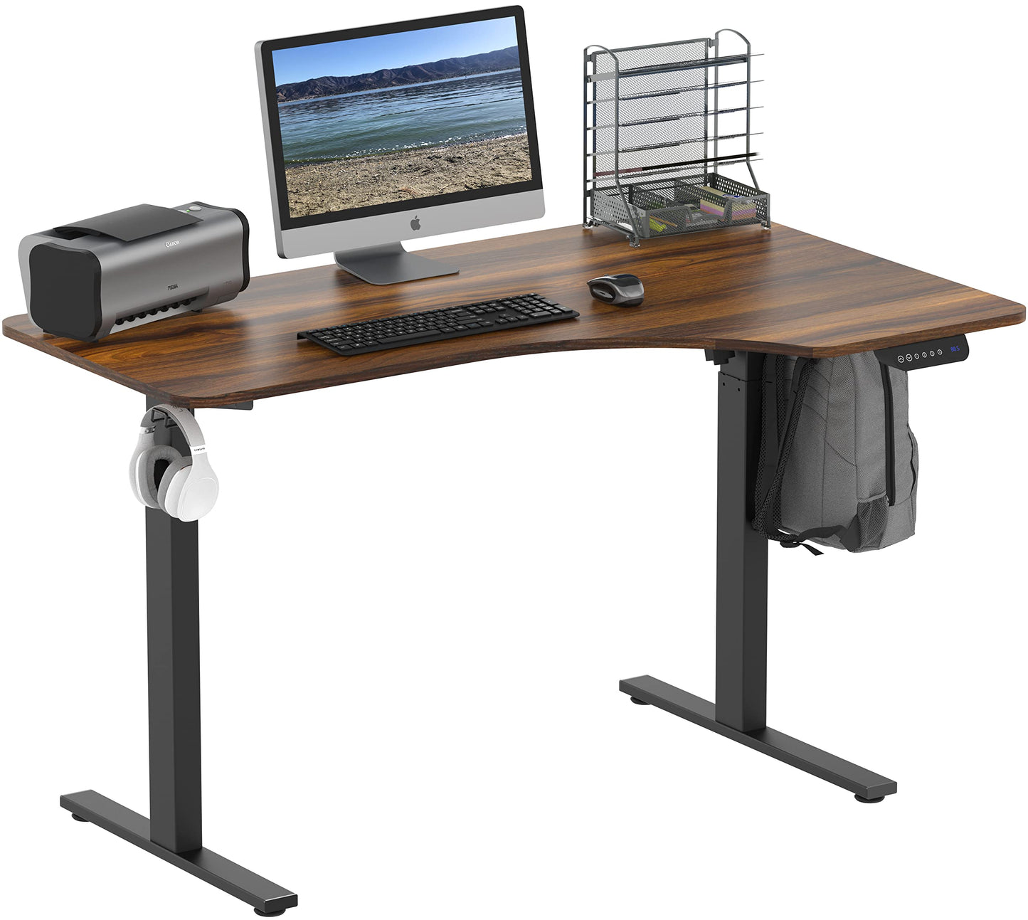 SHW 55-Inch Large Electric Height Adjustable L-Shaped Standing Desk with Right Facing Corner, Walnut