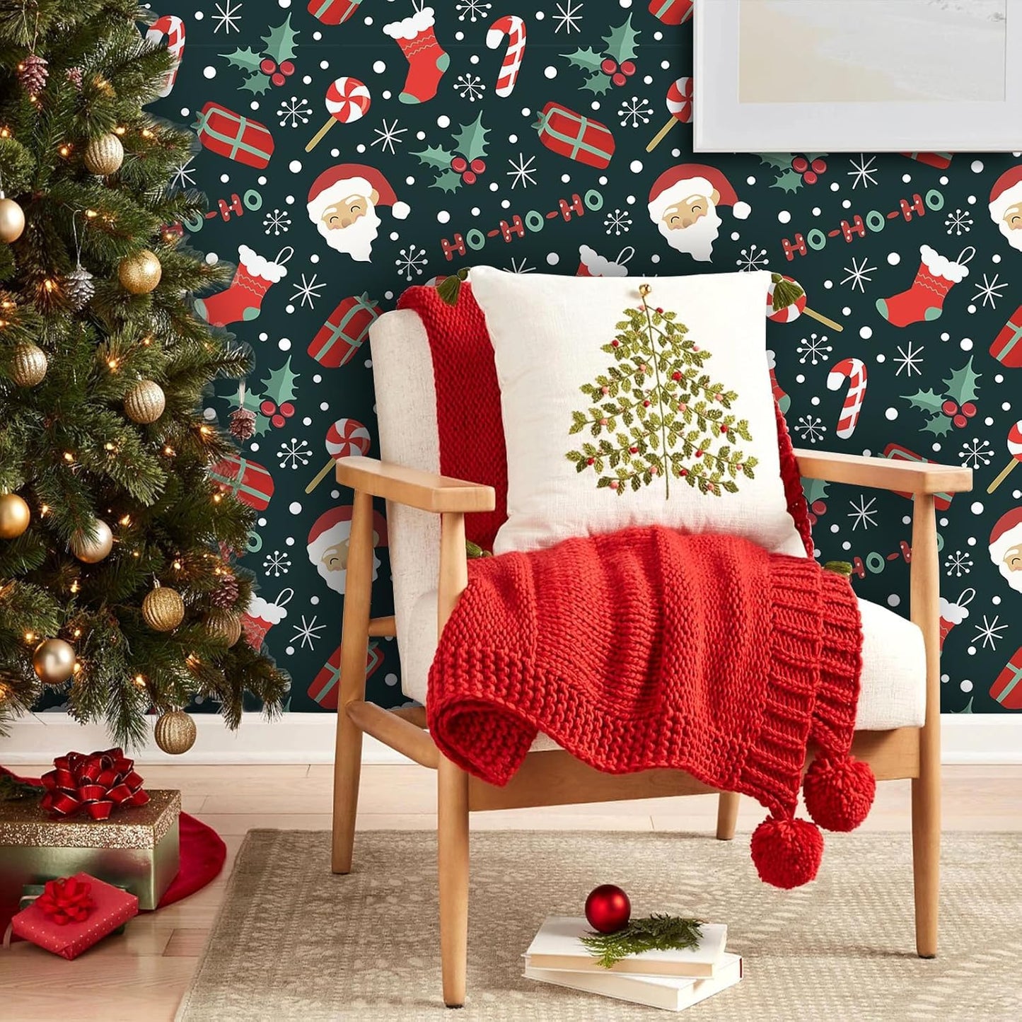 TOARTi HO-HO-HO Christmas Wallpaper Peel and Stick Christmas Contact Paper for Cabinets Bedroom Xmas Backdrop for Winter New Year Xmas Party Decoration