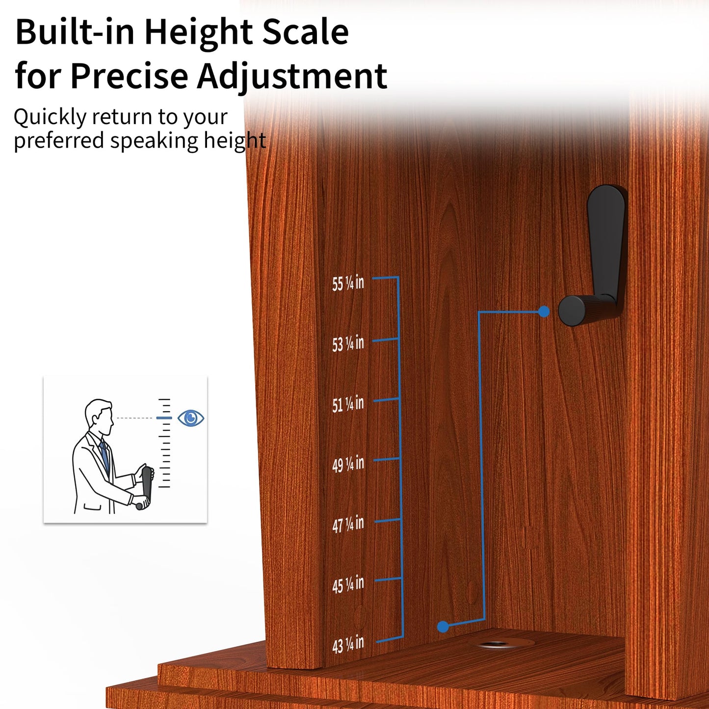 Tredre Wooden Podium Stand with Wheels, 41”–54.5” Height Adjustable Lectern, Mobile Podium with Crank Lift, Stable Base & Storage Shelf, Elegant Design for Churches, Classrooms and Conferences