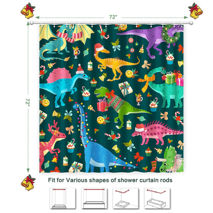 Shower Curtain Christmas, Kids Shower Curtain Santa's Hat Dinosaur Party Gift Box Cake Candy Jingling Bell String Light Xmas Theme Machine Washable Home Farmhouse Waterproof Decor Bathroom Curtain