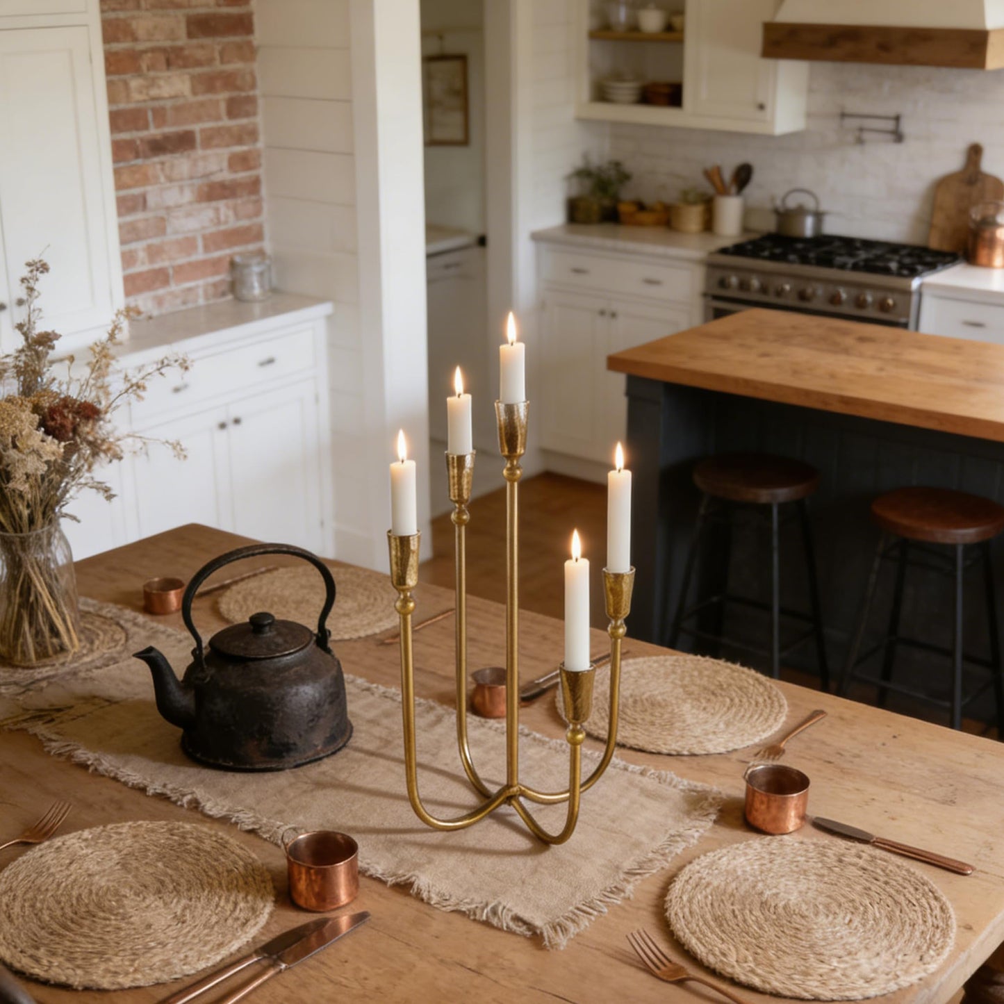 Cast Iron Candelabra 5-Taper Candle Holders, Candlestick Holders Tabletop Candles Stand, Decorative Table Centerpieces Mantel Decor, Antique Brass