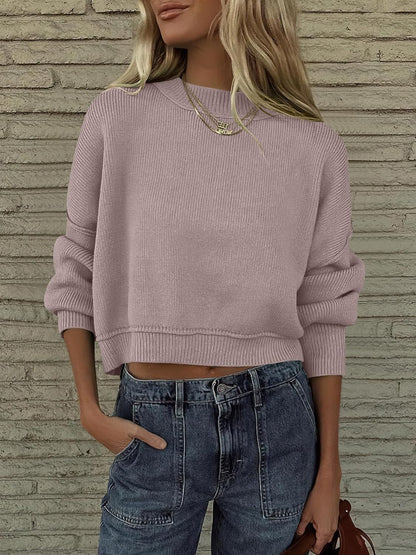 ANRABESS Womens Cropped Sweaters Oversized Crewneck Long Batwing Sleeve Side Slit Ribbed Knit Pullover Tops 2025 Fall Clothes
