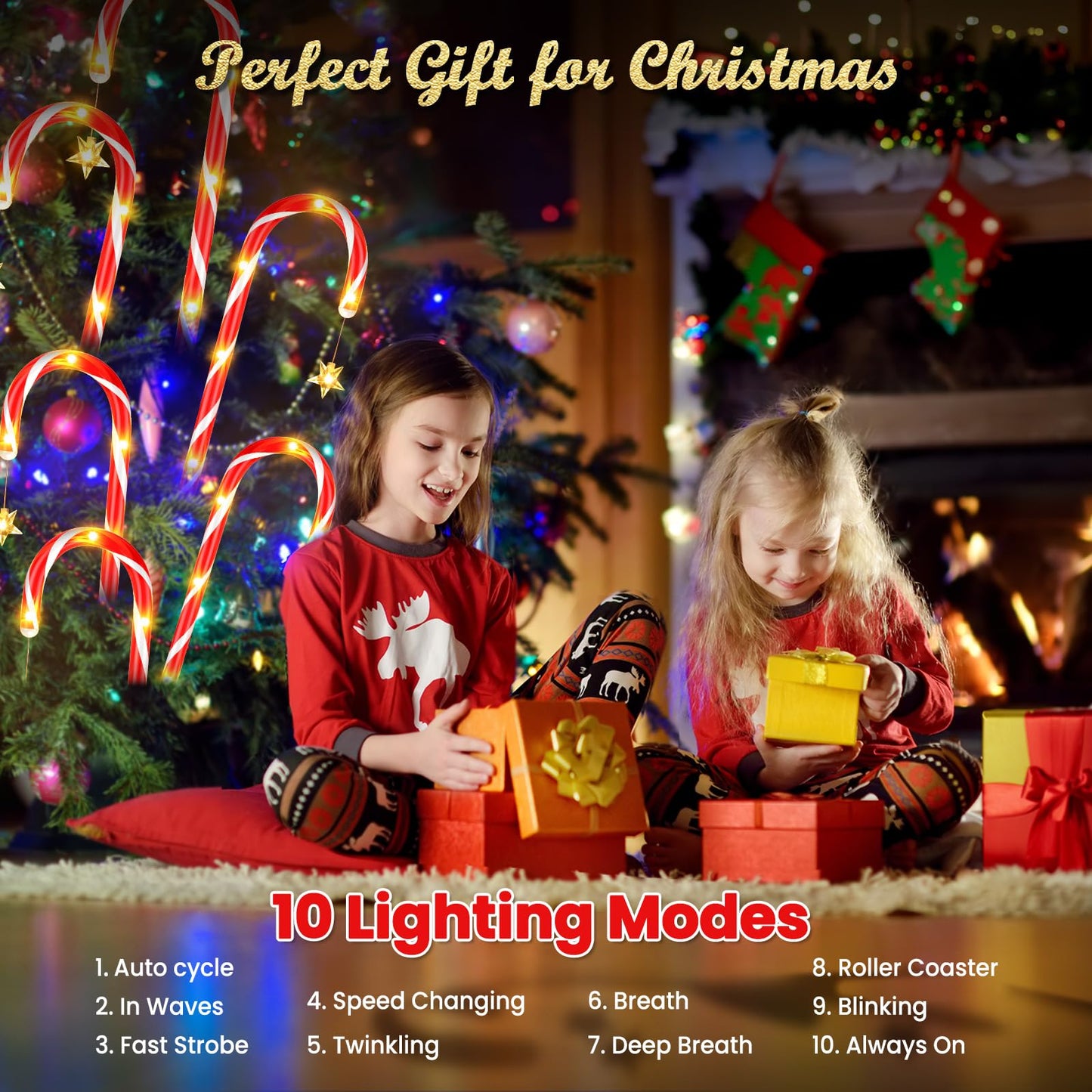 BUCASA 24 Pack Christmas Decorations Outdoor Solar Candy Cane Lights, 144 LEDs, 10 Modes, Waterproof, USB Rechargeable, Perfect for Yard, Garden, Pathway