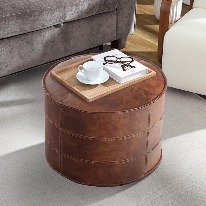 Leather Ottoman, Handmade Stuffed Square Ottoman, Genuine Leather Pouf