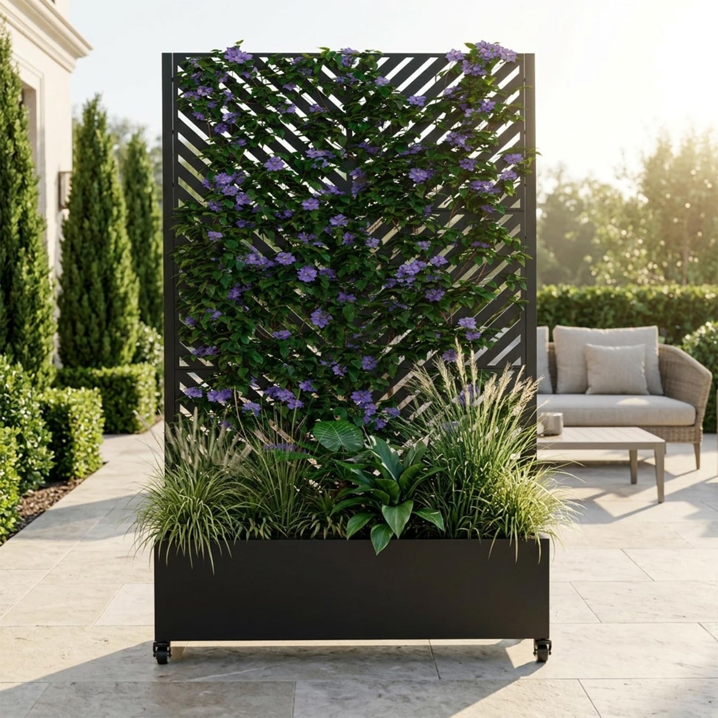 Metal Planter Box with Trellis and Wheels, 73"x47"x16" Galvanized Steel Raised Garden Bed with Drainage Holes, Outdoor Planter with Privacy Screen Function for Climbing Plants and Vines, Black