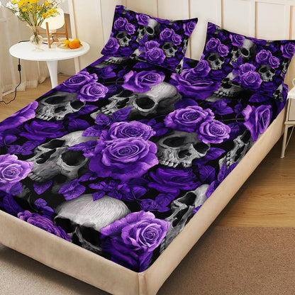 HOSIMA Death Skull Fitted Sheet Full,Skull Head and Flowers Printed Gothic Bedding,Horror Themed Floral Bedding for Girls Women Halloween Room Decor,1 Fitted Sheet+2 Pillowcases.