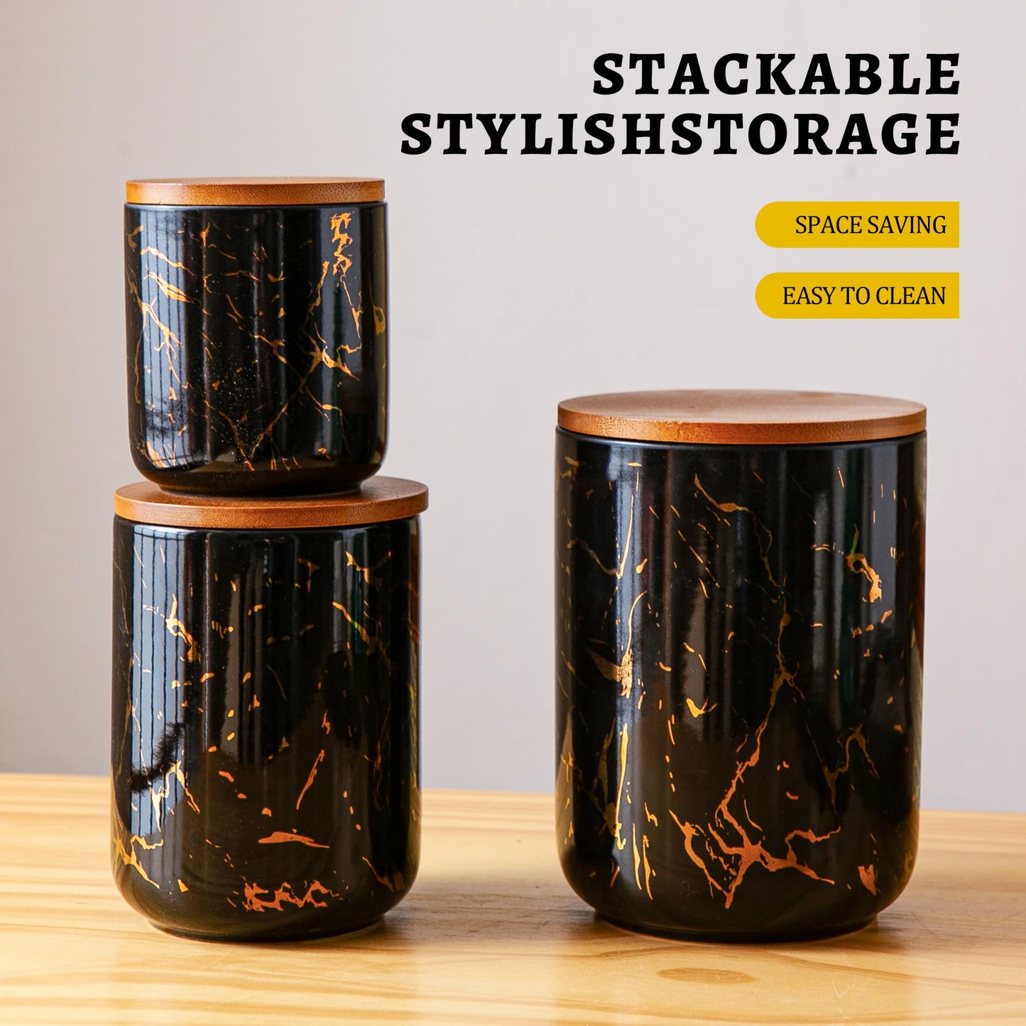 Tenforie Ceramic Canister Set with Bamboo Airtight Lids, 3-Piece Kitchen Storage Jars (48oz, 30oz, 12oz) – Black with Gold Marble Pattern, Glossy Finish, for Coffee, Sugar, Flour & More