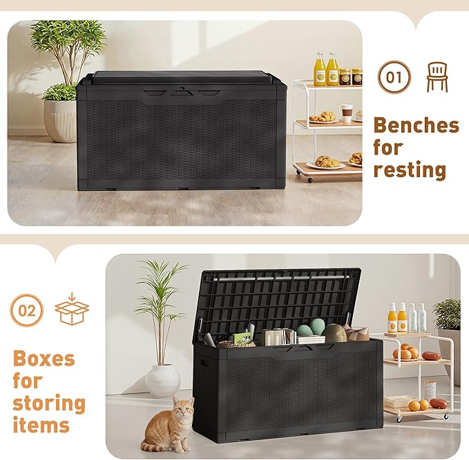 Greesum 100 Gallon Resin Deck Box Large Outdoor Storage Boxes with Cushions for Garden Tools, Patio Furniture Pillows, Pool Supplies, Black