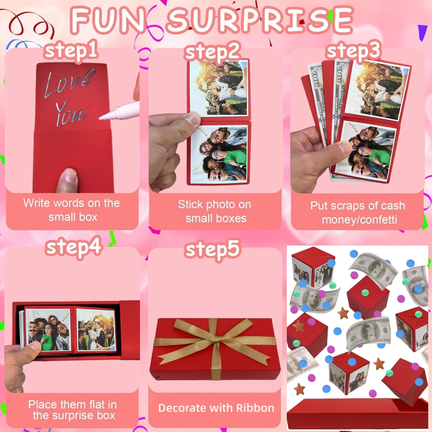 JINSTABAG Surprise Gift Box Explosion for Money, DIY Unique Folding Bouncing Cash Pop Up Gift Boxes for Birthday, Christmas, Anniversary, Valentine's Day. (Red)