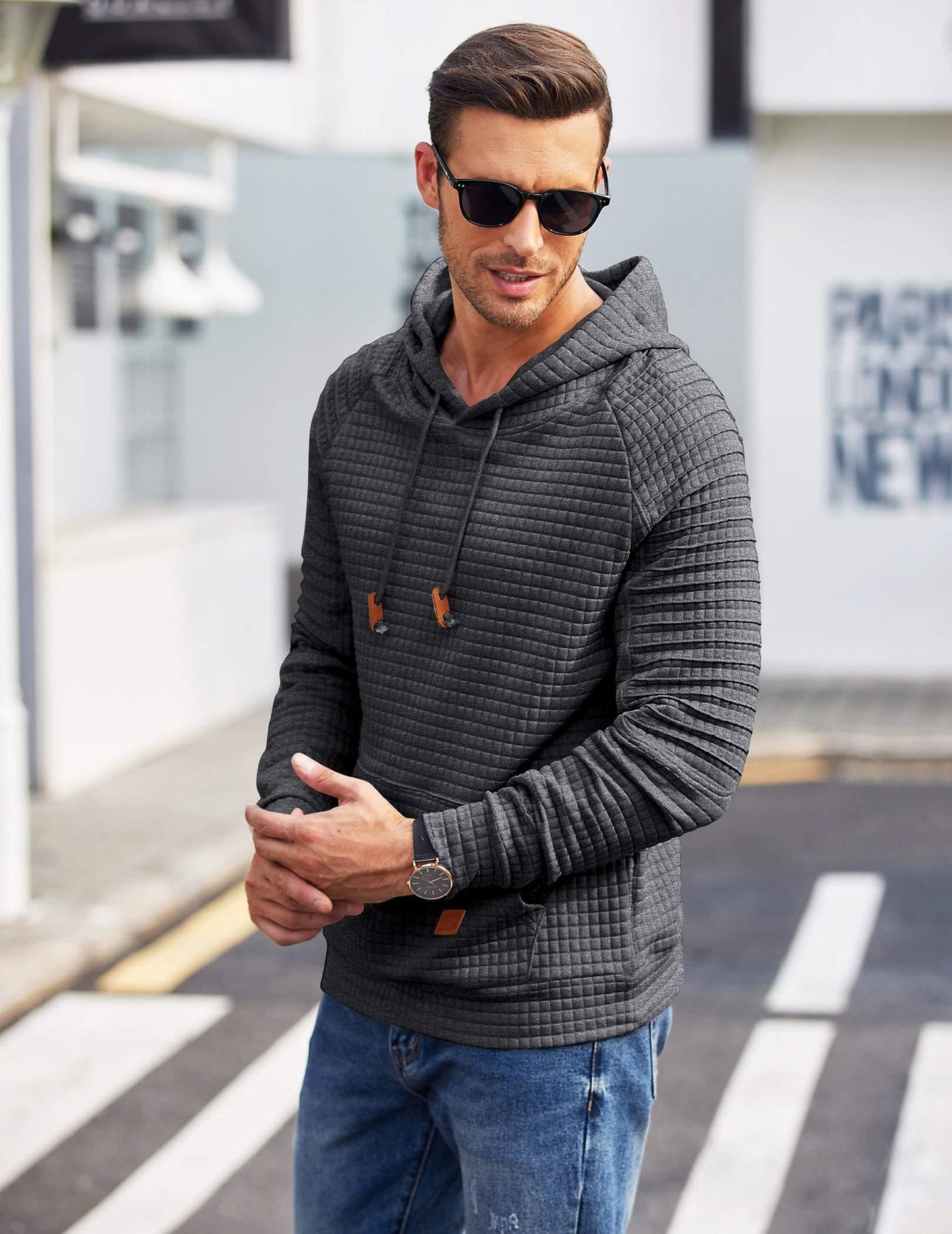 COOFANDY Mens Winter Sweatshirt Slim Fit Long Sleeve Knit Drawstring Hoodies for Men with Kanga Pocket, Dark Grey, 3X-Large
