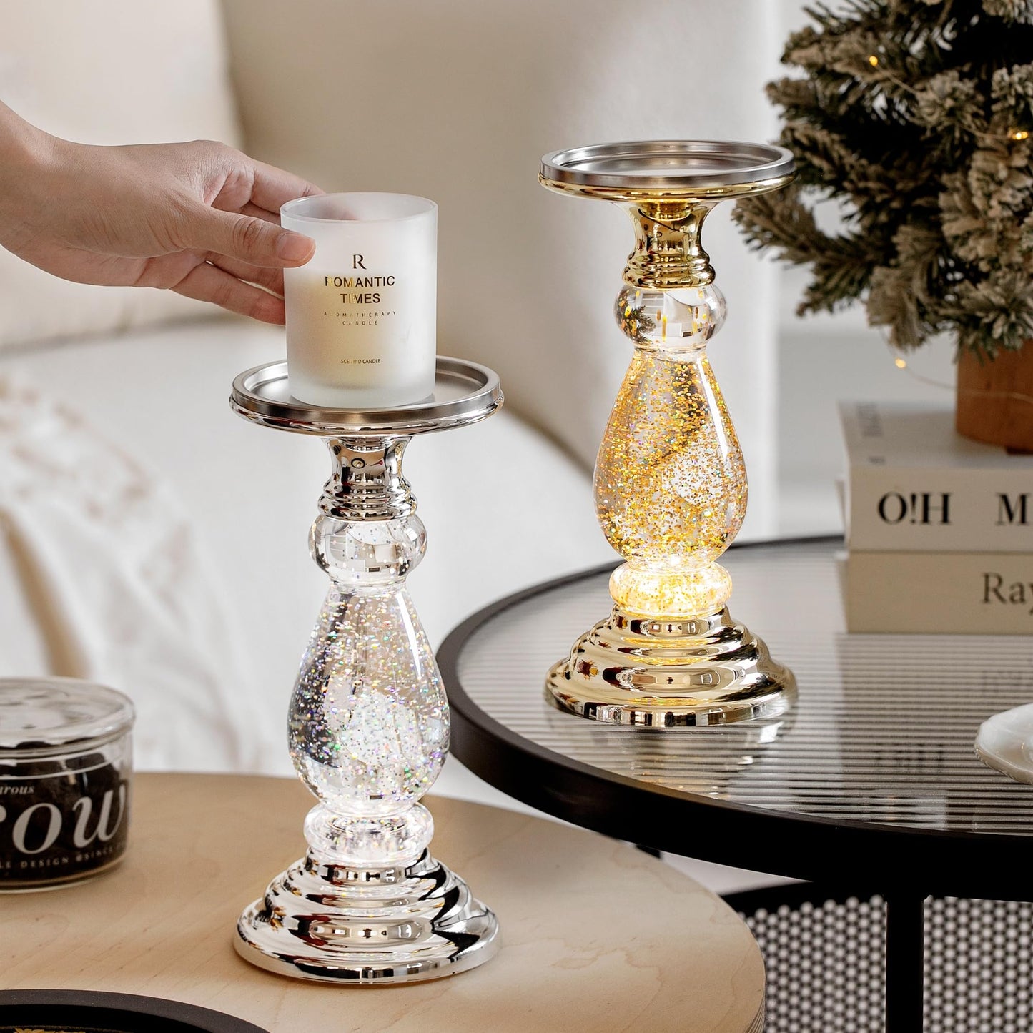 Candlestick Holders Music Water Lantern Candle Holder Home Decor for Fireplace Mantel Table Centerpieces Wedding Decor Dinner Party Festive Christmas Housewarming Gift (Silvery)