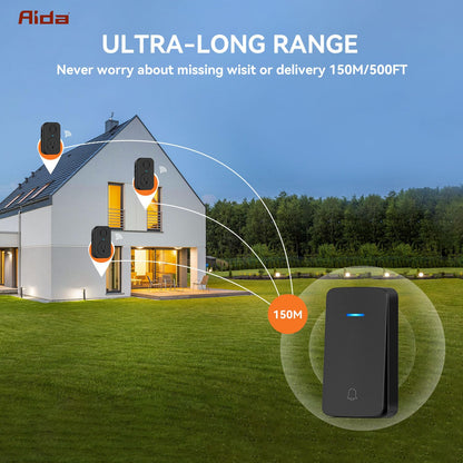 AIDA Wireless Doorbell, Self-powered Doorbell with Extra Socket, No Battery Required Push Button, Cordless Door Bell Ringer, 5 Volume Levels with 32 Doorbell Chimes (White, 2 Button & 1 Receiver)