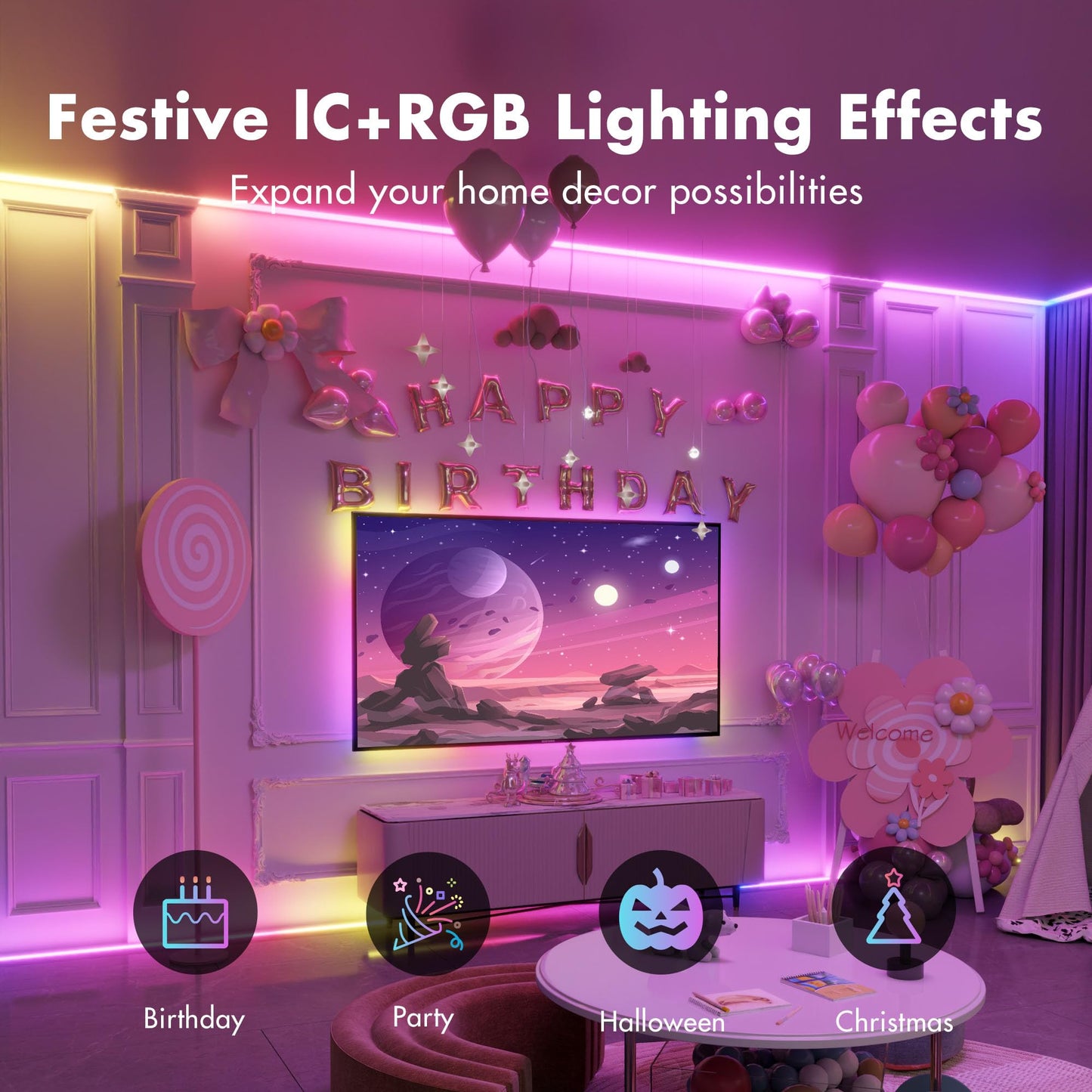 ATHONO Led Lights for Bedroom 200FT Smart IC+RGB, Music Sync Color Changing Strip Lights, 24Key Remote+App Control Light Strip for BedHead,Underbed,Ceiling,Background Wall(2Rolls of 100FT)