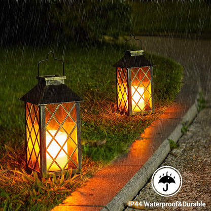 Solar Lanterns for The Garden– 2 Pack Garden Lanterns Flickering Moroccan-Style Outdoor Lights Auto On/Off Waterproof IP44 Warm White LED Ideal for Patio, Pathway & Christmas Decor
