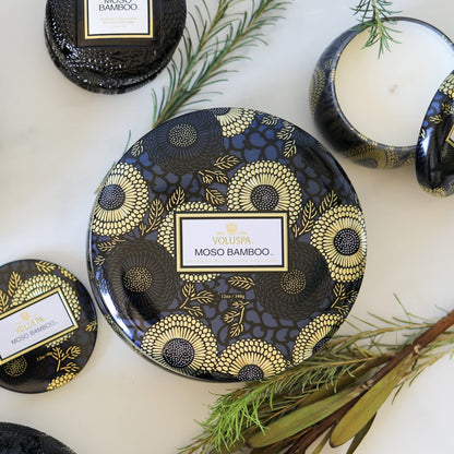 Voluspa Moso Bamboo, 3 Wick Tin Candle, 12 oz, 40 Hour Burn Time, Coconut Wax for Clean Burning, Handcrafted in the USA
