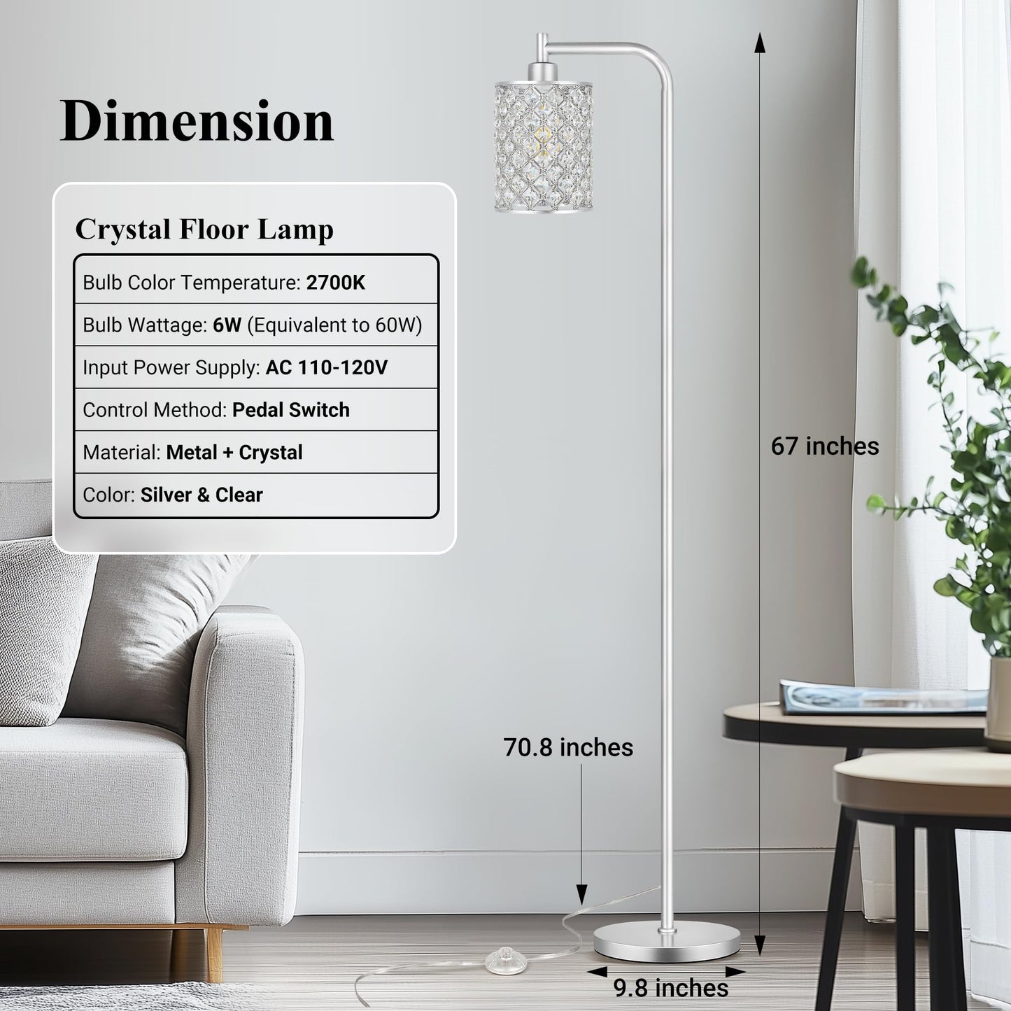 QiMH Industrial Floor Lamp for Living Room, Modern Standing Lamp with Crystal Lampshade Pedal Switch, 67” Tall Lamp for Bedroom Study Room, Silver (2700K LED Bulb Included)
