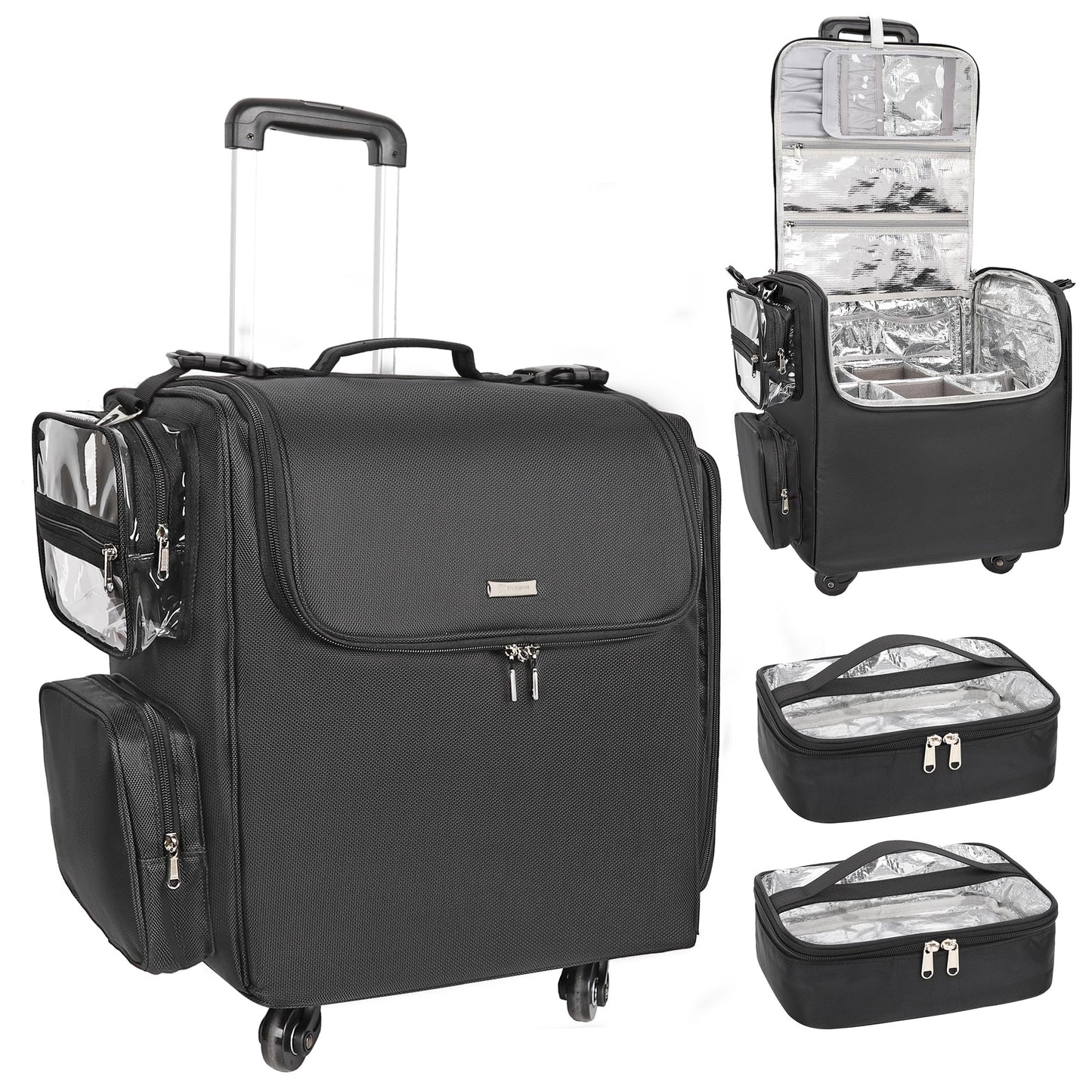 Relavel Rolling Makeup Train Case, Professional Hairstylist Traveling Bag with 4 Wheels & 2 Pouches, Adjustable Dividers, Heat Insulation Full Layer, Portable Cosmetics Storage Organizer Suitcase