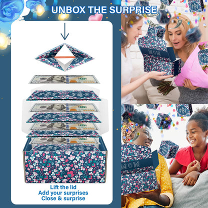 Ranfashiong Mothers Day Surprise Gift Box for Money, DIY Creativity Folding Bounce Explosion Pop Up Cash for Mom, Blue