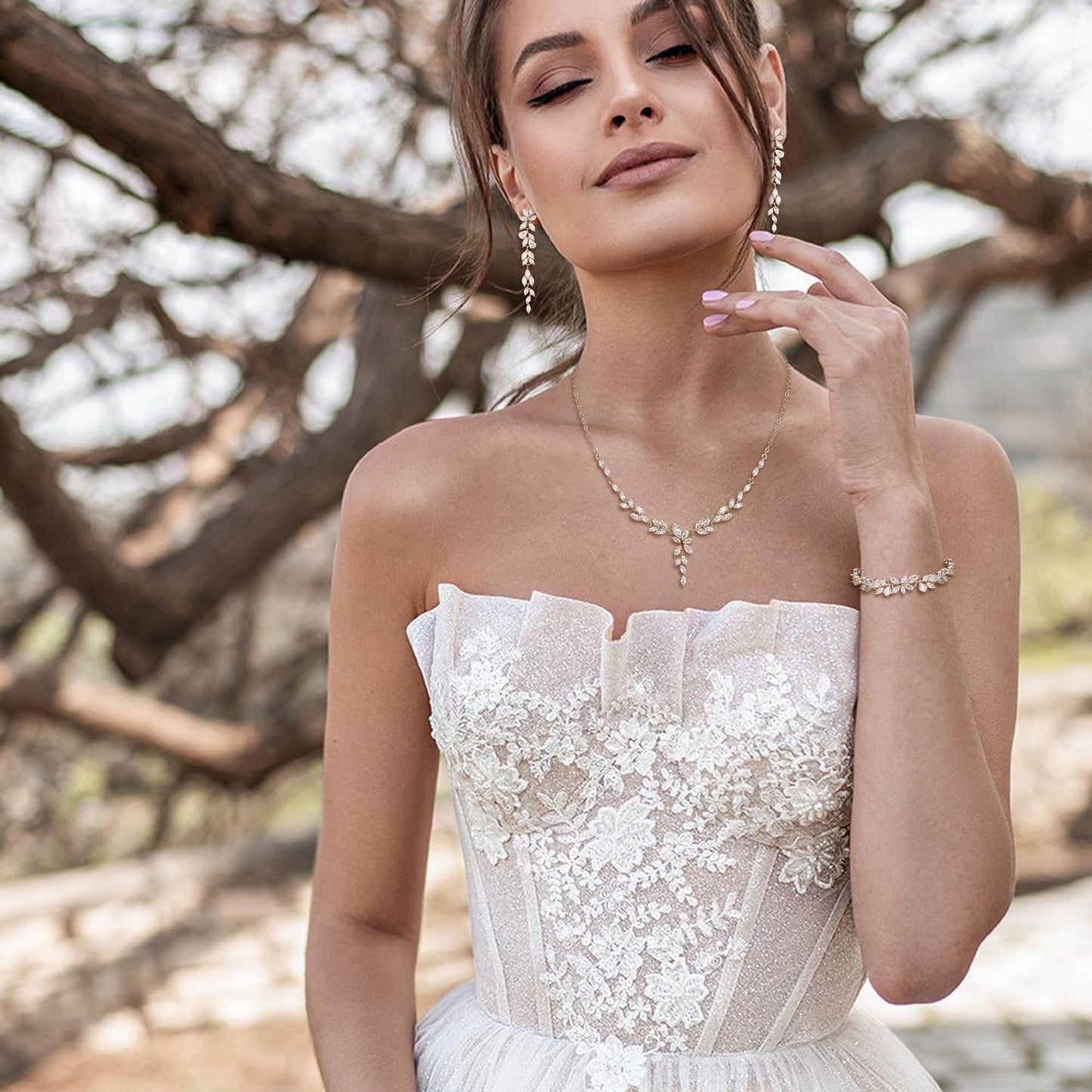 EVER FAITH Cubic Zirconia Wedding Jewelry for Bride Bridesmaid, Elegant Marquise Leaf Flower Bridal Prom Necklace Dangle Earrings Bracelet Set for Women Clear