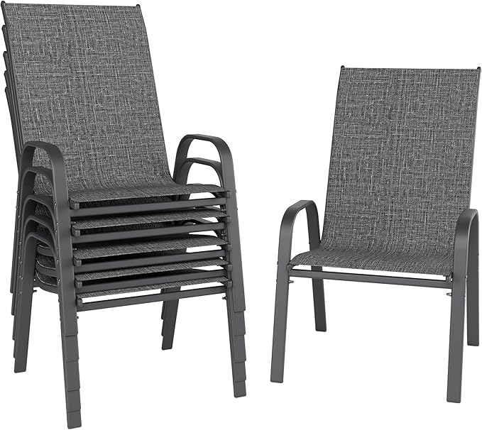 Patio Chairs Set of 6, Stackable Outdoor Dining Chairs for All Weather, Metal Modern Outside Furniture Chair for Pool Side, Garden, Backyard Deck, Dark Grey