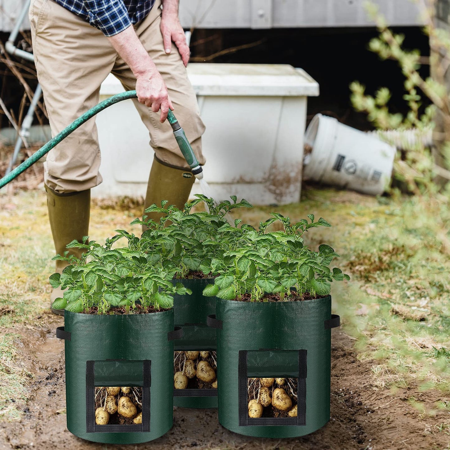 LITLANDSTAR 6 Pack Potato Grow Bags, 15 Gallon Grow Bags Garden Planting Bags with Flap Windows and Handles, Vegetable Grow Bags for Potato, Onion, Tomato, Carrot (Dark Green)