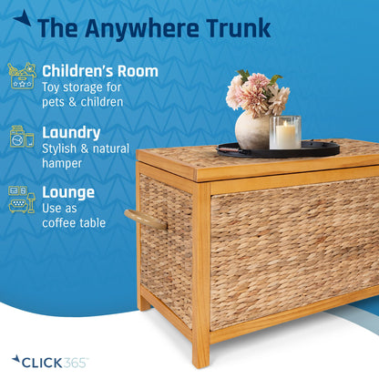 ClickDecor Wilson Wicker Storage Trunk with Lid, 30 Inch Handwoven Water Hyacinth Storage Chest with Acacia Wood Frame, Farmhouse Blanket Basket for Living Room, Bedroom or Entryway, Natural Brown