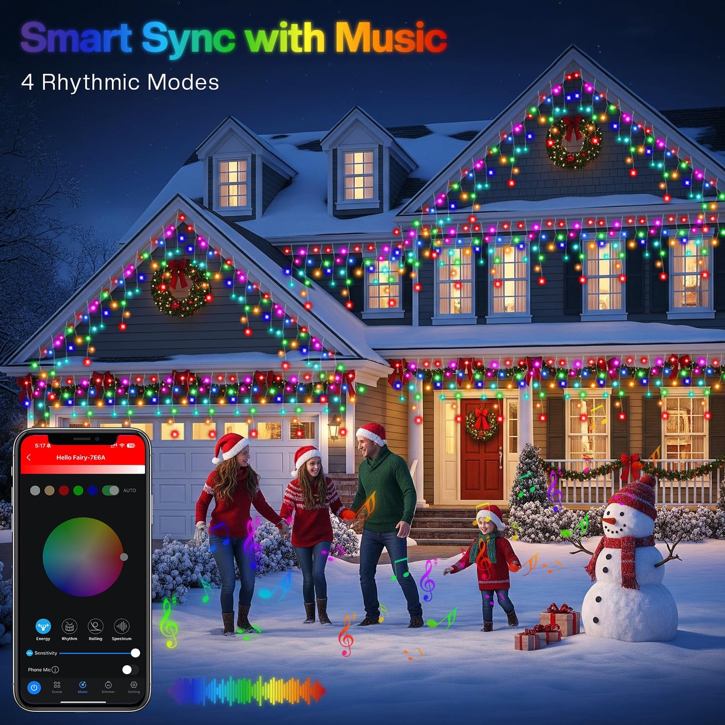 33FT Smart RGB Christmas Icicle Lights – APP Control LED String Lights for Outside, Music Sync, DIY Color Changing, 58+ Modes, Connect 3 Strands (99FT) – Waterproof Icicle for Roof, Tree, House