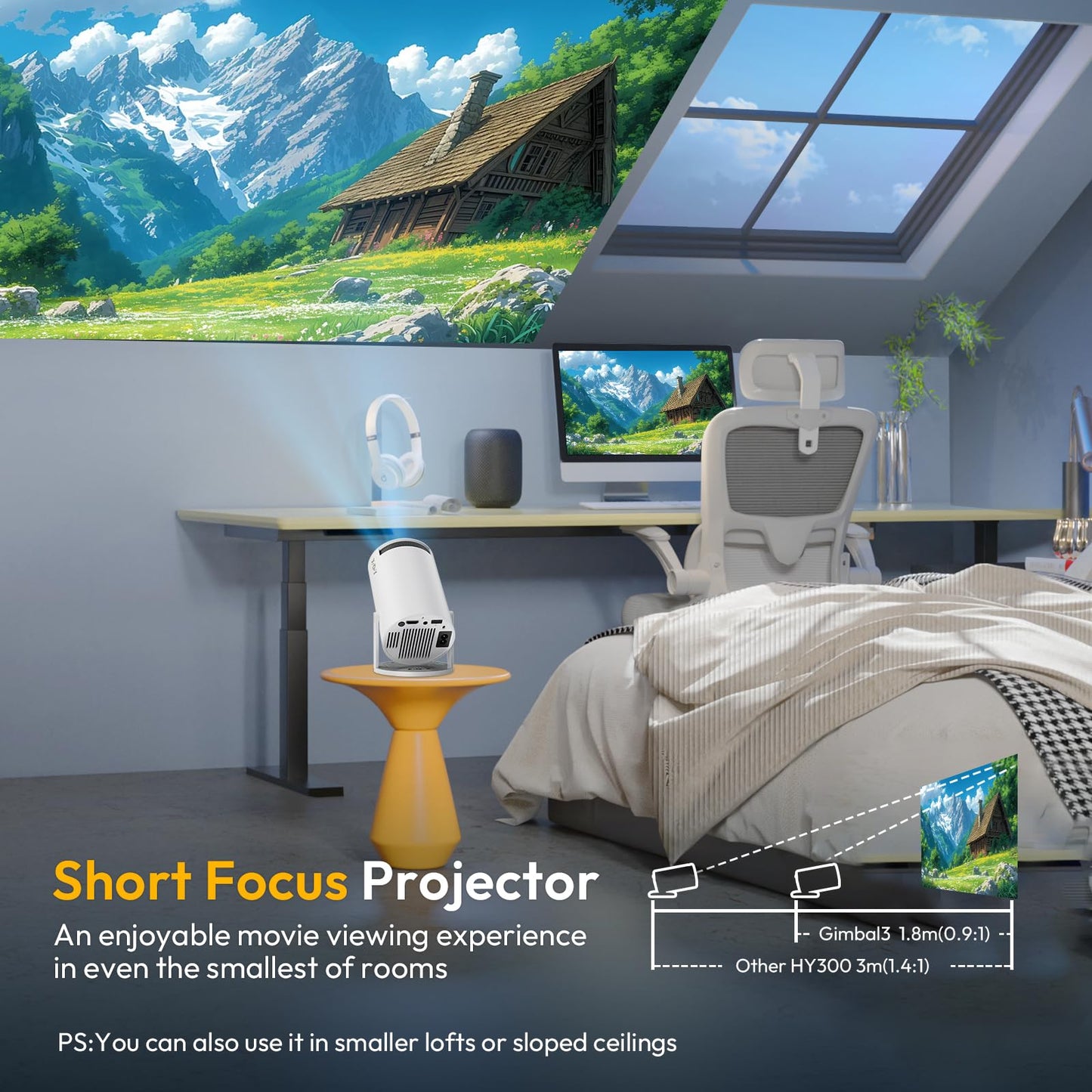 Smart Mini Projector WiFi6 Bluetooth 5.0 XGODY Gimbal 3 Protable Projector 12000L Support 4K with Android TV 11.0, Auto Keystone Correction Video Projector, 180°Rotatable Stand for Home Movie（White）