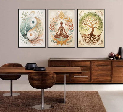 3 Pcs Tree of Life Canvas Wall Art Lotus Zen Painting Pictures Wall Decor Yin Yang Taichi Spiritual Prints Posters for Living Room Yoga Room Hotel Bedroom Home Decor 12x16in Unframed