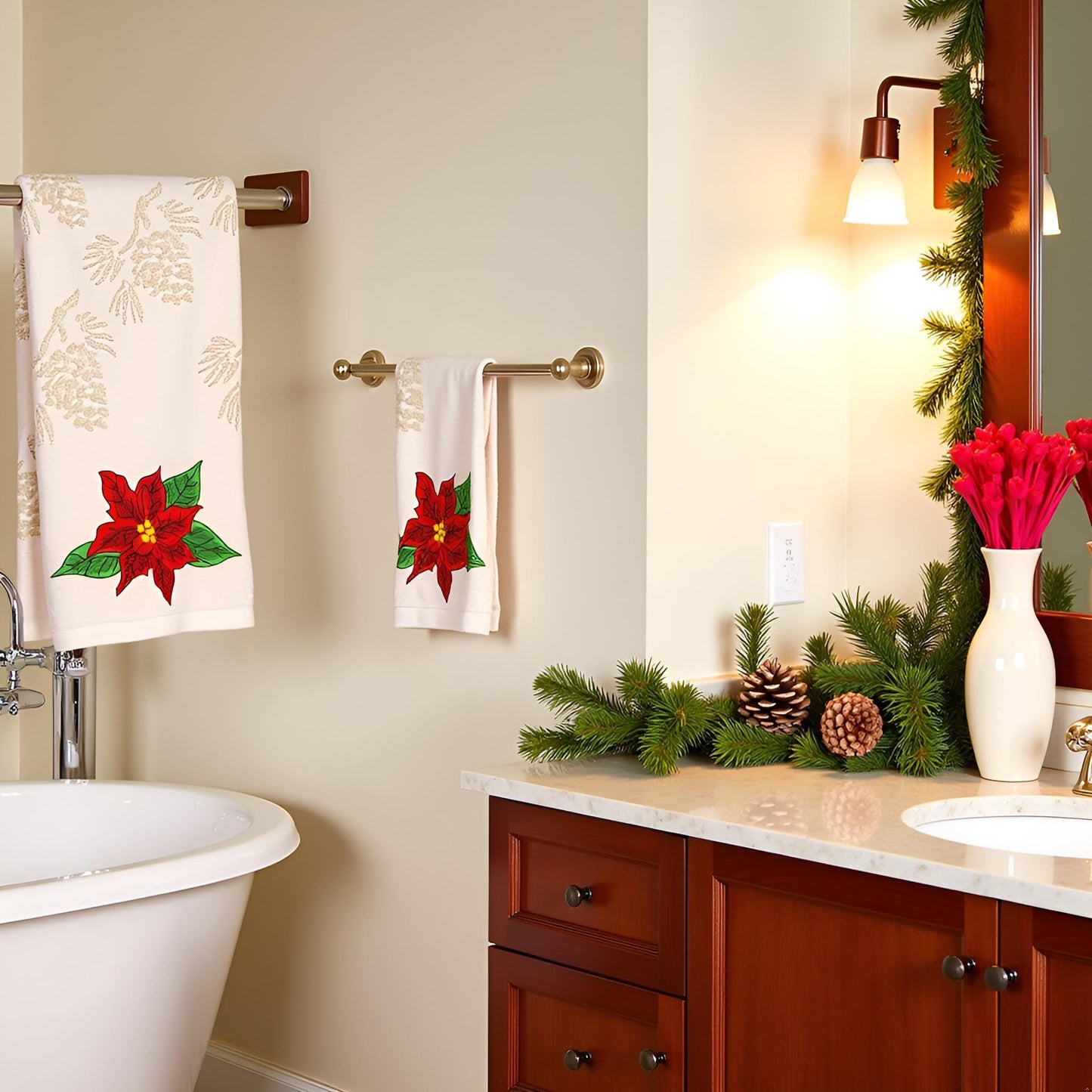 Xkdamai 2 Pack Christmas Hand Towels 100% Cotton Jacquard Pine Cone Embroidered Poinsettia Holiday Kitchen Dish Towels Retro Neutral Beige Bathroom Towels Set Gift Seasonal Xmas Winter Bathroom Decor