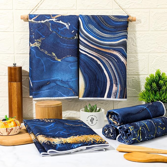 Boyiee 6 Pcs Marble Hand Towels Blue and Gold Towels Navy Blue Kitchen Towel