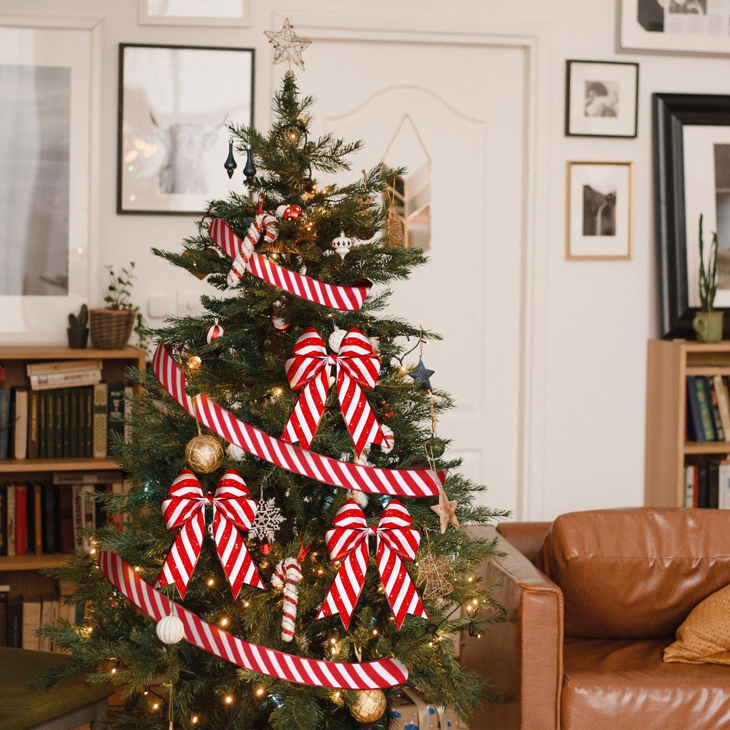 Waydress 2 Rolls Christmas Peppermint Stripe Ribbon Glitter Wired Candy Cane Fabric Wrapping DIY Craft Wide Ribbons for Christmas Tree Bow Wreath(2.5 Inch X 25 Yard)