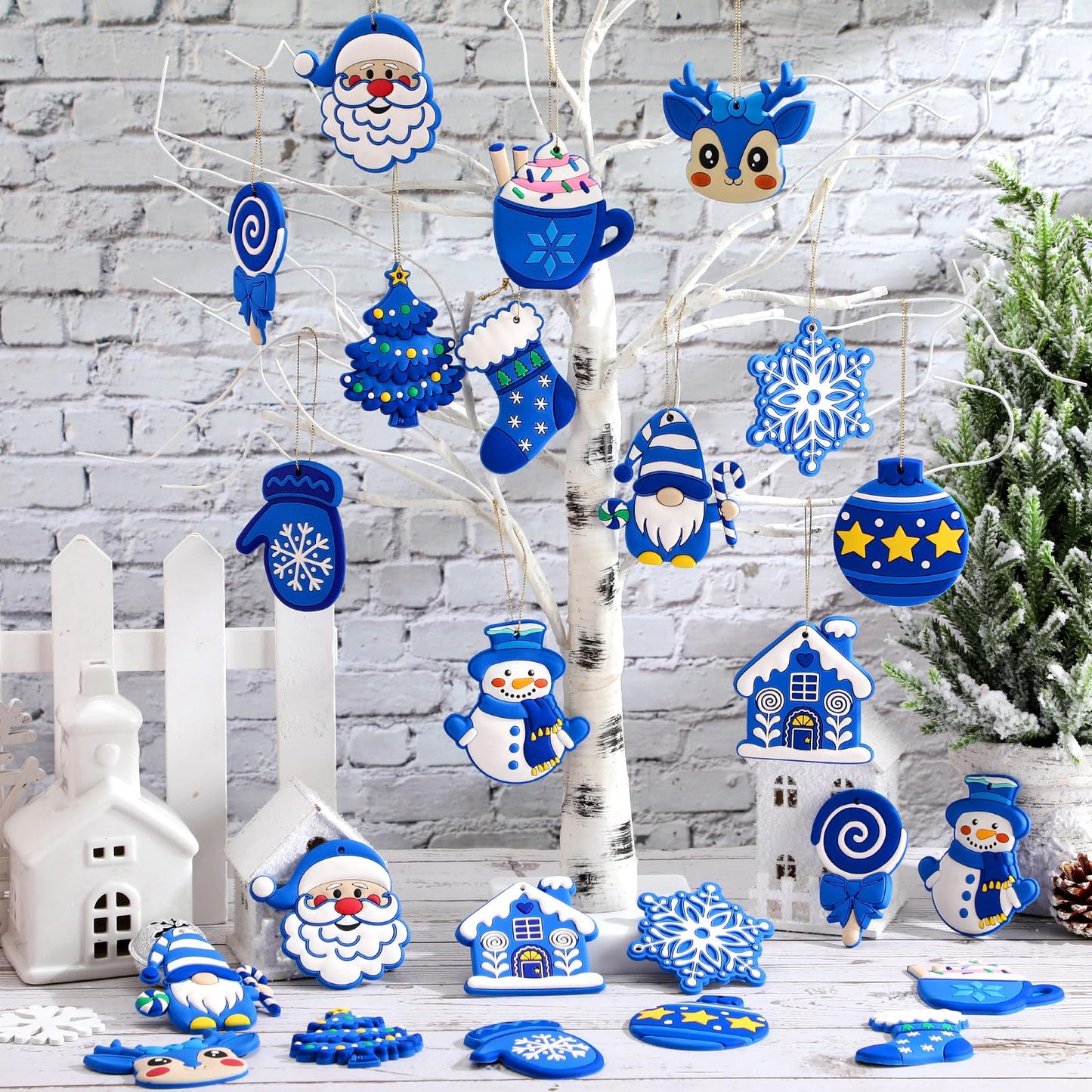 Lunmon 24 Pcs Blue Winter Ornaments PVC Snowman Tree Ornaments Gingerbread House Gnomes Ornament Blue Winter Decorations for Xmas Tree Party Holiday Decor