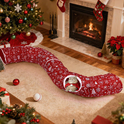 SilTriangle Cat Tunnel Christmas Tree Skirt Cat Donut Tunnel Bed for Indoor Cats with Ball Snowflake Collar Cats Cave for Small Medium Kitten Puppy Under Xmas Trees Decor Gift(Gift Box)