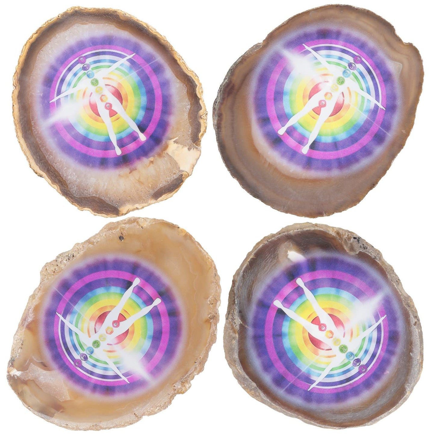 SUNYIK 7 Chakra Pattern Natural Geode Agate Slice Display with Wooden Stand, Irregular Agate Slab Tabletop Desktop for Office Home Decor, Light Purple-7 Chakra