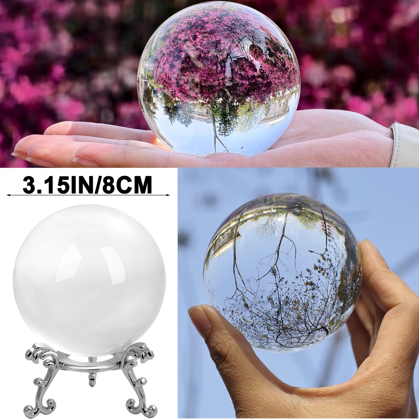 vskikris 3.15in (80mm) Clear Crystal Ball with Sphere Stand - Lens Balls for Photography - Decorative Crystal Ball Fortune Teller Decorations