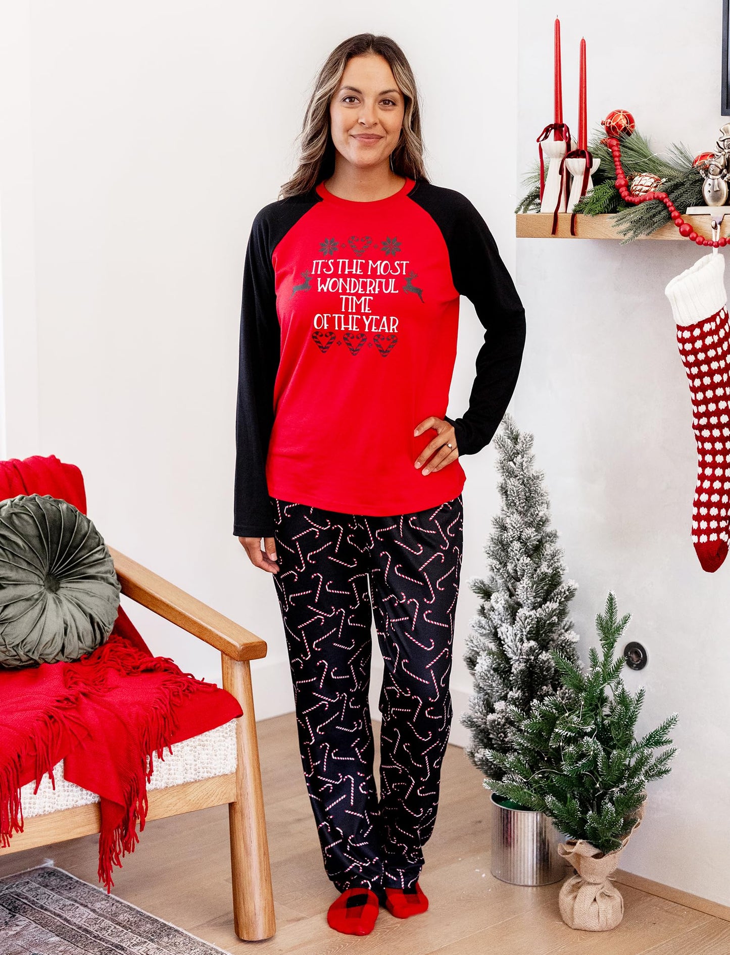 PATPAT Family Christmas Pajamas Matching Sets, Matching Christmas Pajamas for Family, Red Candy Cane Holiday Sleepwear Funny Letter Print PJs including Socks
