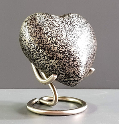 eSplanade Brass Mini Cremation Urn Heart-Shaped Keepsake Memorial Jar Pot Container | Small Urn for Funeral Ashes Burial | Textured Metal Keepsake with Stand | Silver - 2.75" Inches