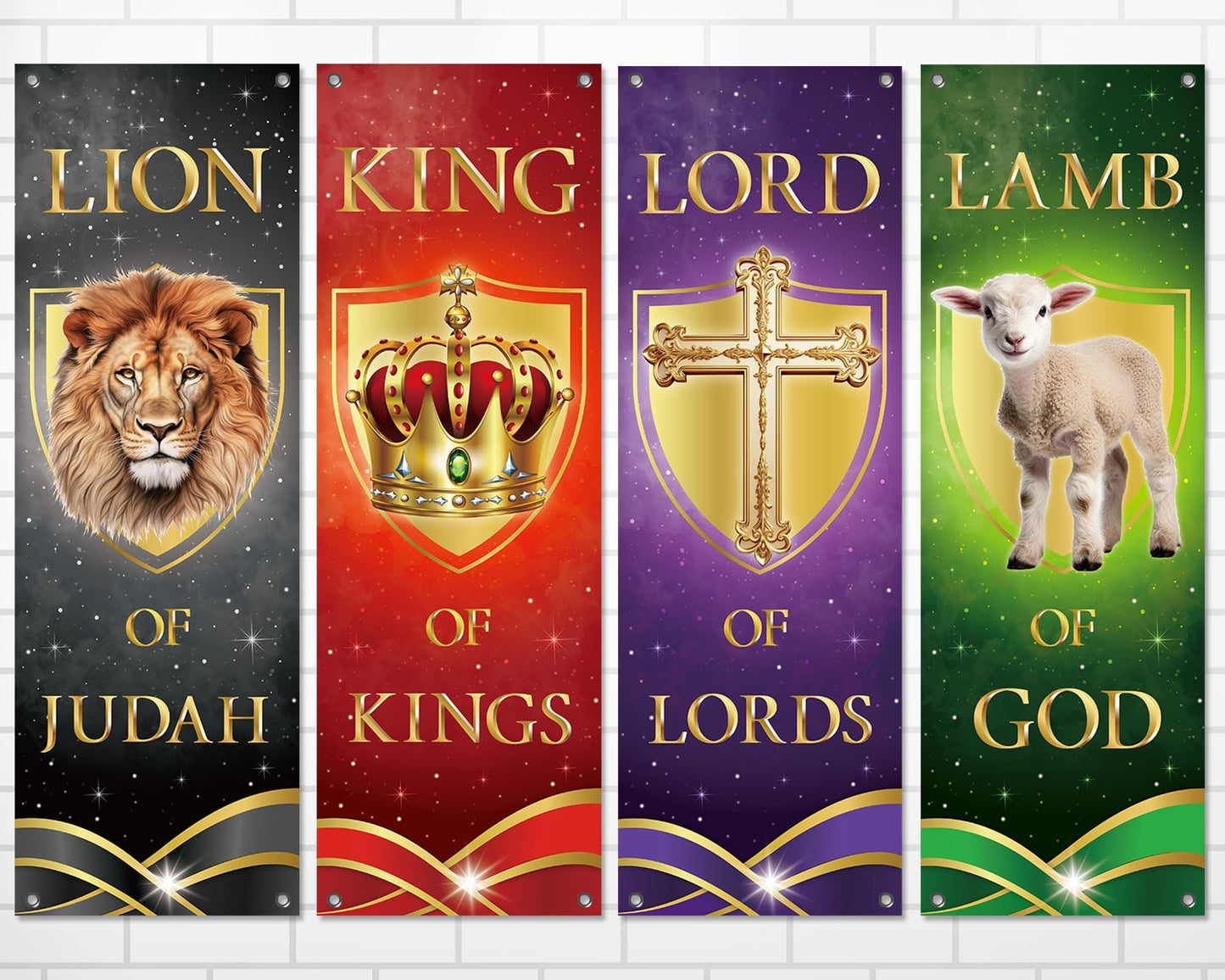 4Pcs Church Banners for Sanctuary Wall Welcome Religious Christmas Banners Hanging Backdrop Lion King Lord Lamb Church Banner Scripture Christmas Porch Signs for Holiday Church School Nativity Decor
